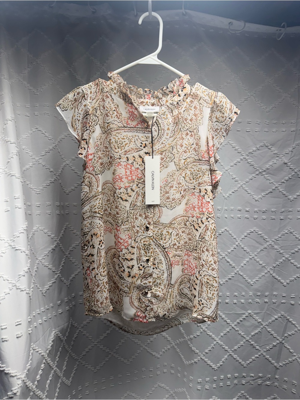 Calvin Klein Cream Paisley Blouse with Coral and Tan Accents